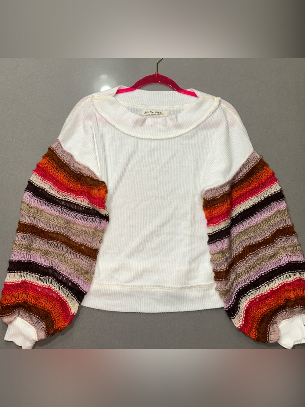 We The Free White Crewneck Sweater with Multicolor Striped Crochet Sleeves